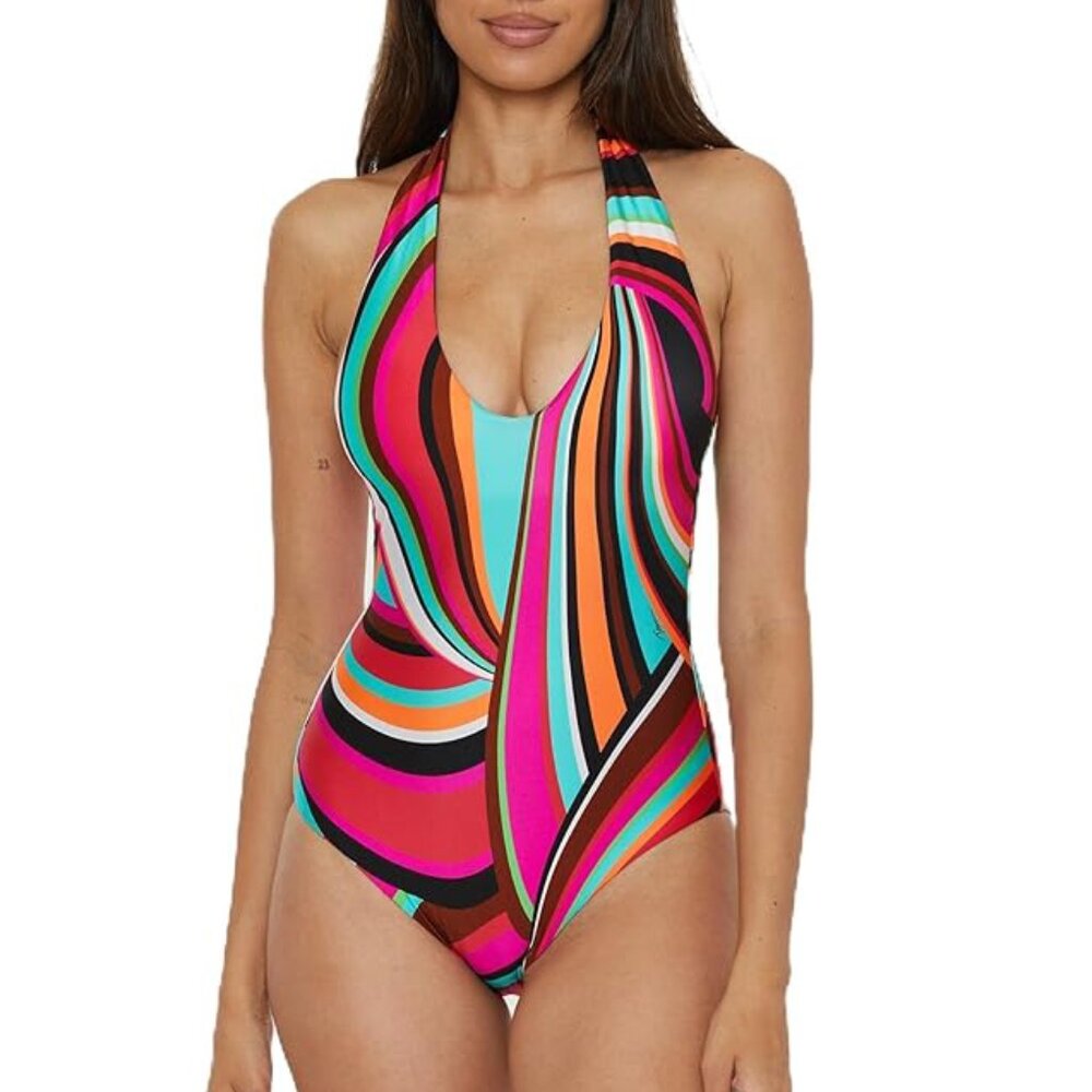 NWT Trina Turk Women's Swoop One Piece Plunge Halter Swimsuit